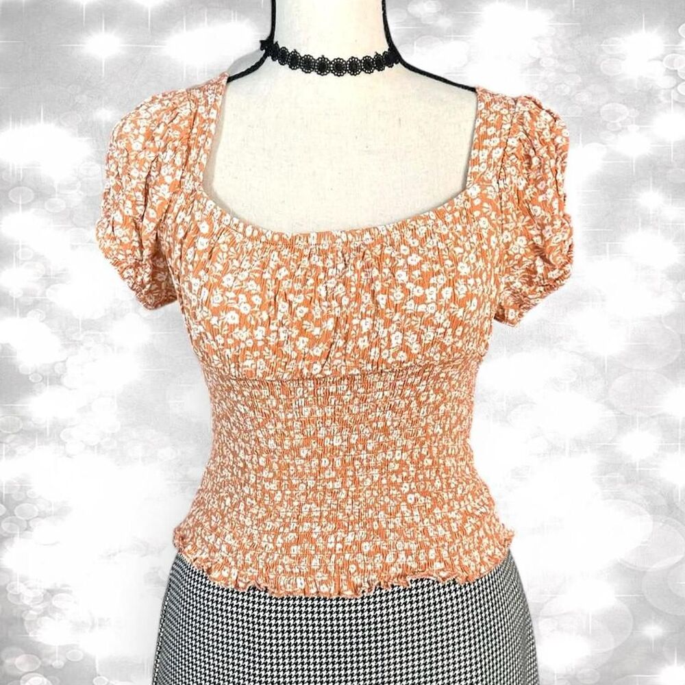 Coquette Sunset Burnt Orange Floral Babydoll Puff Sleeve Blouse